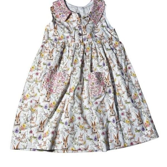 Girl's Easter Dress, Rabbit Design, Pockets, Purple Buttons, Spring, Handmade, S - Picture 1 of 6